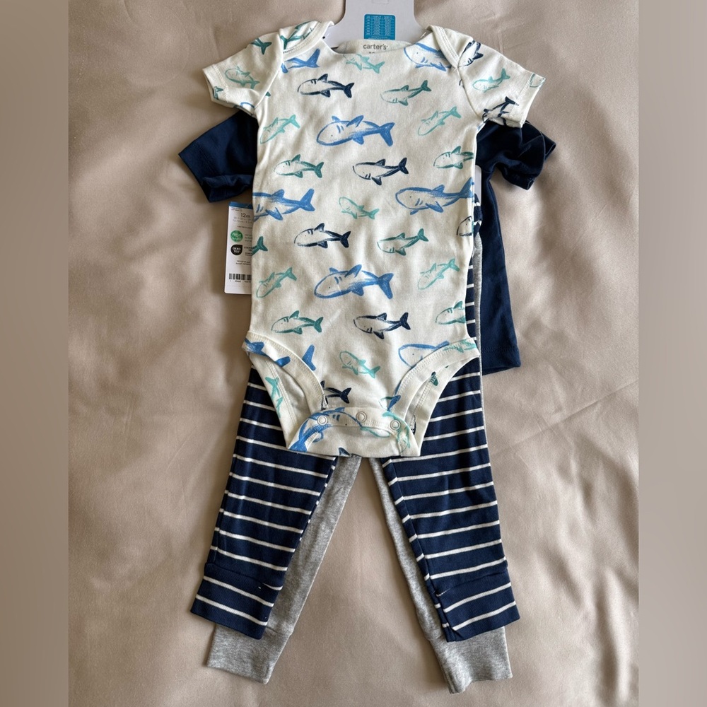 NWT Carter's Blue and Gray Shark Print Bodysuit Set